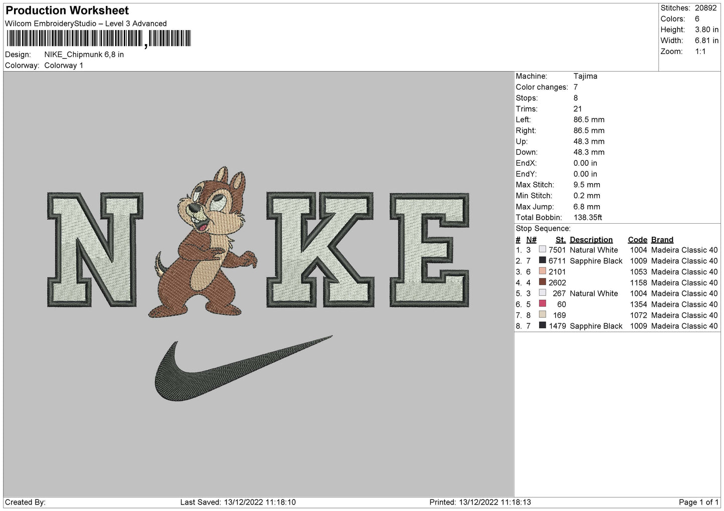 Nike Chipmunk Embroidery File 6 sizes