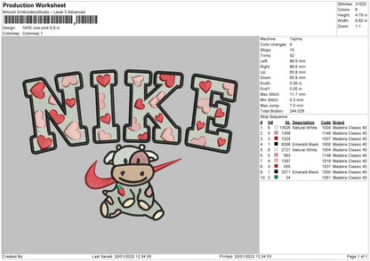 Nike Cow Pink Embroidery File 7 size