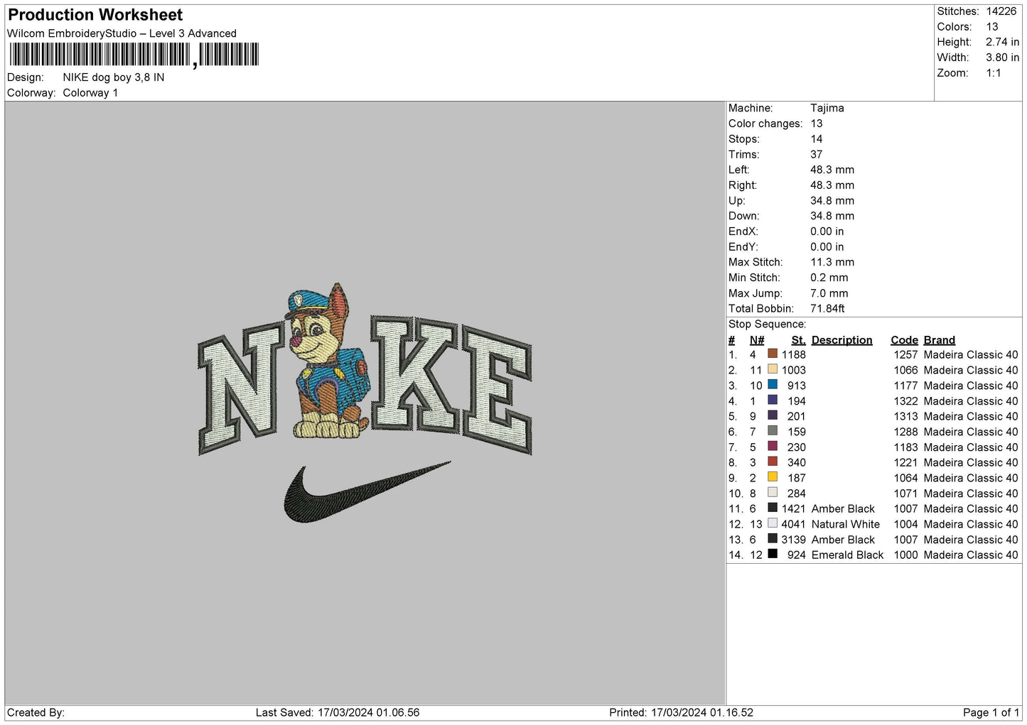 Nike Dog Boy Embroidery File 6 sizes