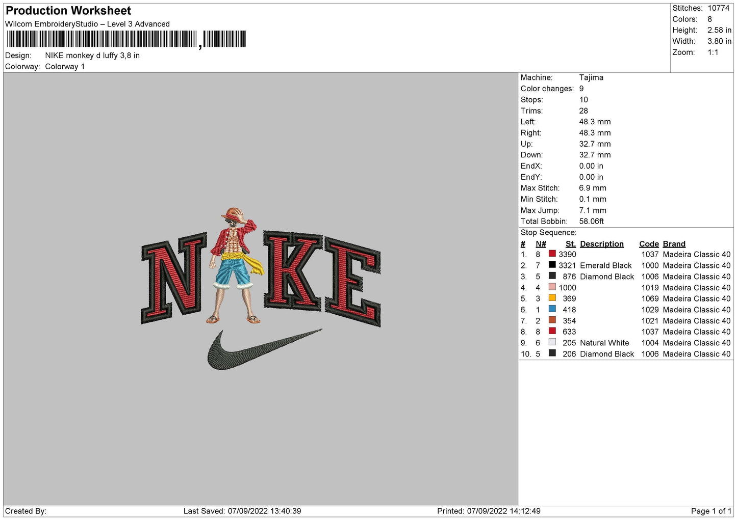 Nike Monkey D Lufyy Embroidery File 5 sizes