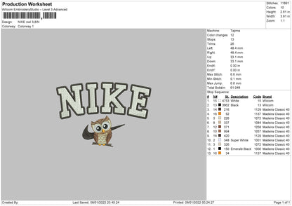 Nike Owl Embroidery File 4 size