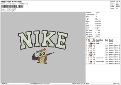 Nike Owl Embroidery File 4 size