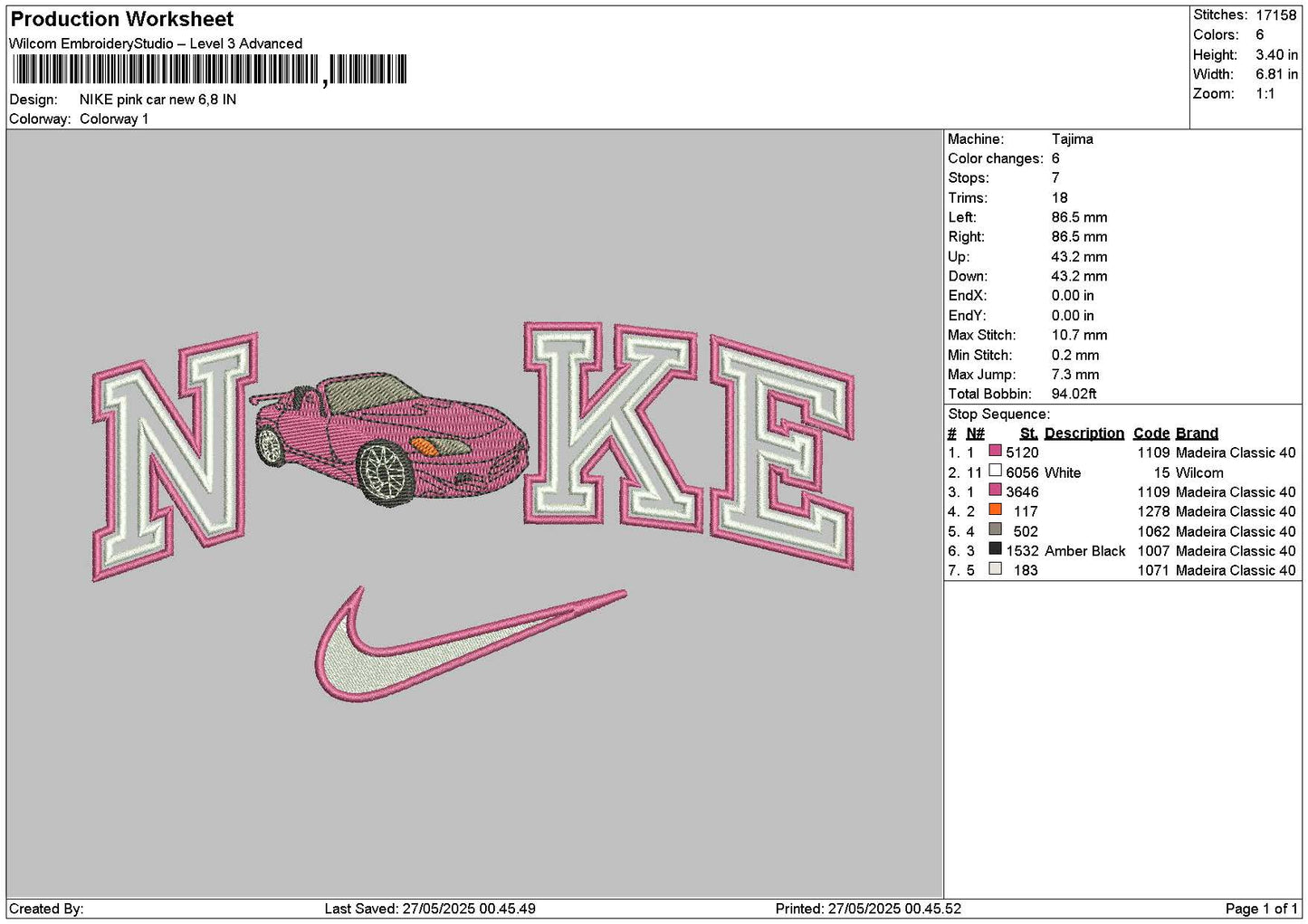 Nike Pink Car New Embroidery File 6 sizes