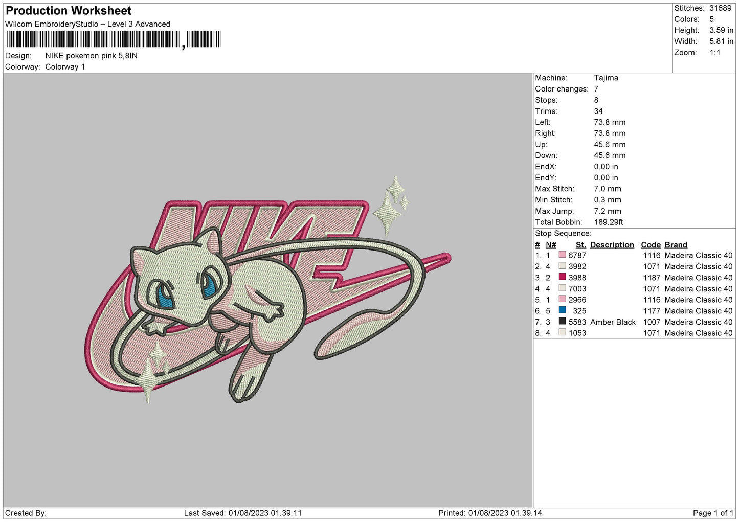 Nike Pokemon Pink Embroidery File 6 sizes