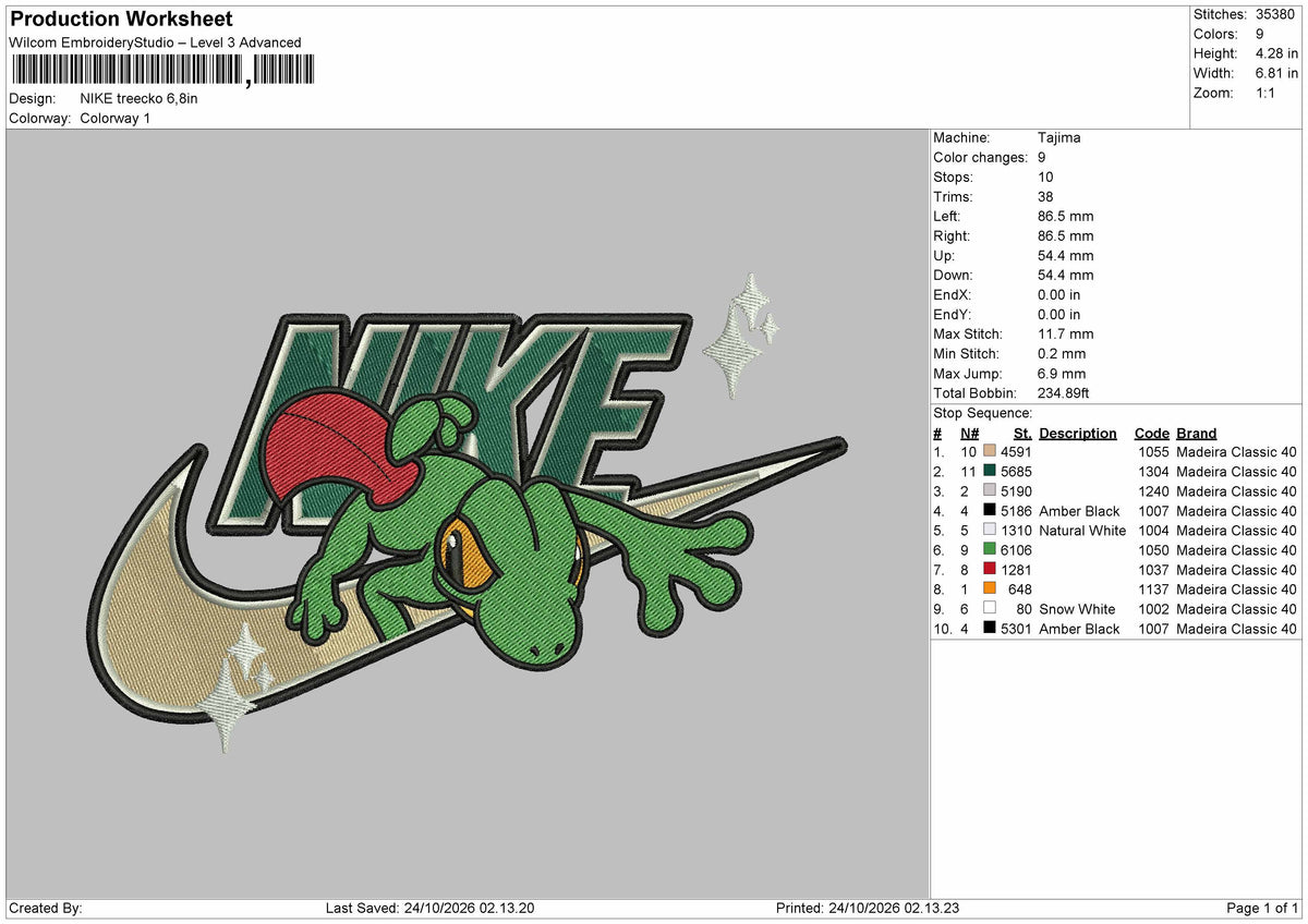 Nike Treecko Embroidery Machine Design File 6 sizes