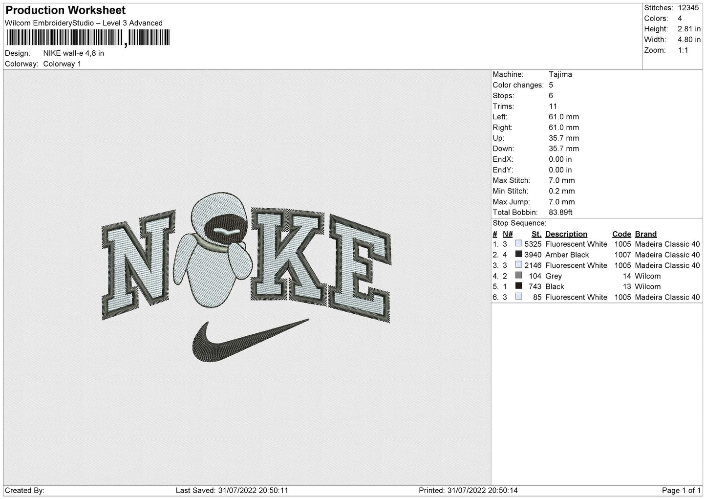 Nike Wall E Embroidery File 6 sizes