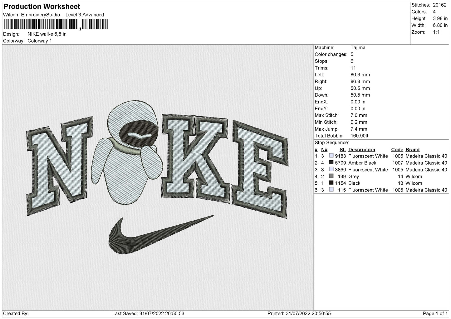 Nike Wall E Embroidery File 6 sizes