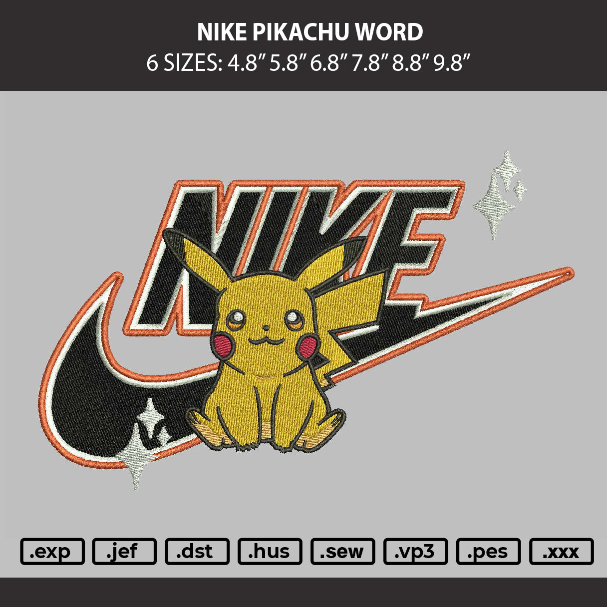 Nike Pikachu Word Embroidery Machine Design File 6 sizes