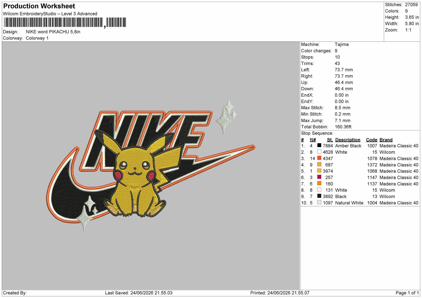 Nike Pikachu Word Embroidery Machine Design File 6 sizes