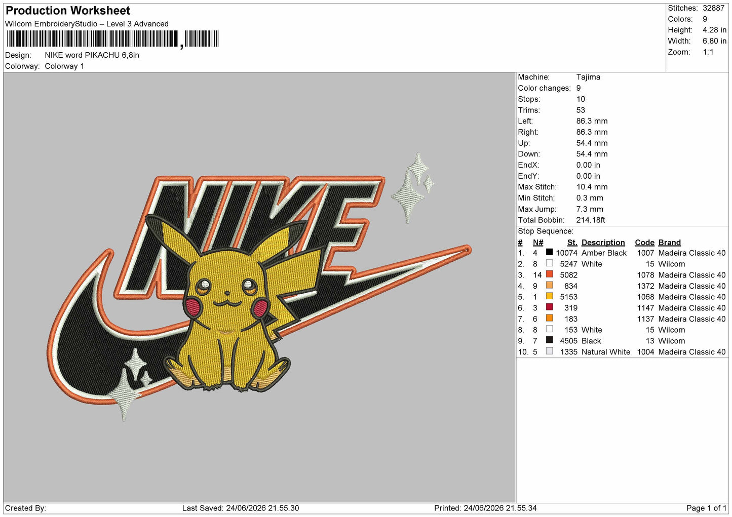 Nike Pikachu Word Embroidery Machine Design File 6 sizes