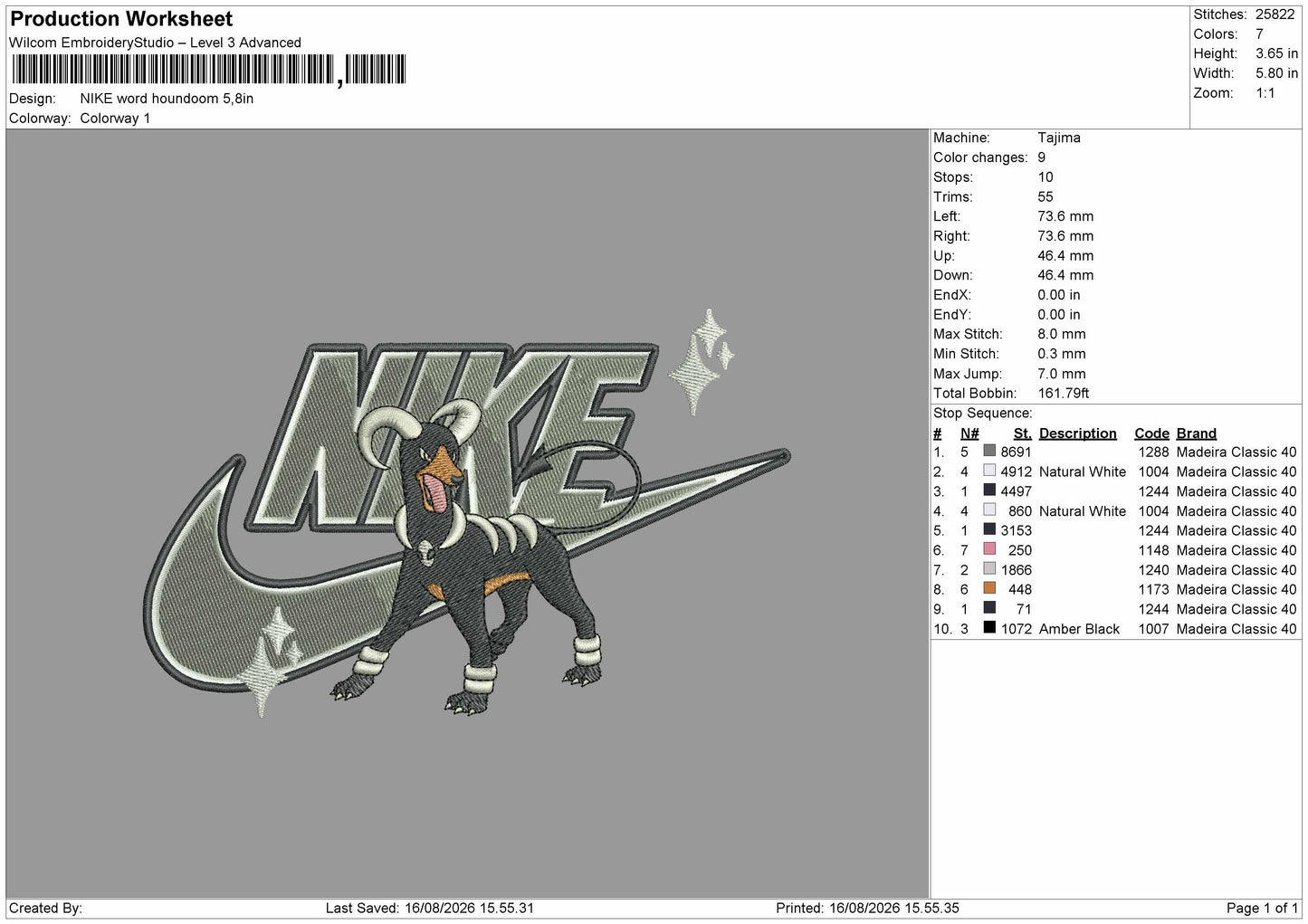 Nike Houndoom Embroidery Machine Design File 6 sizes