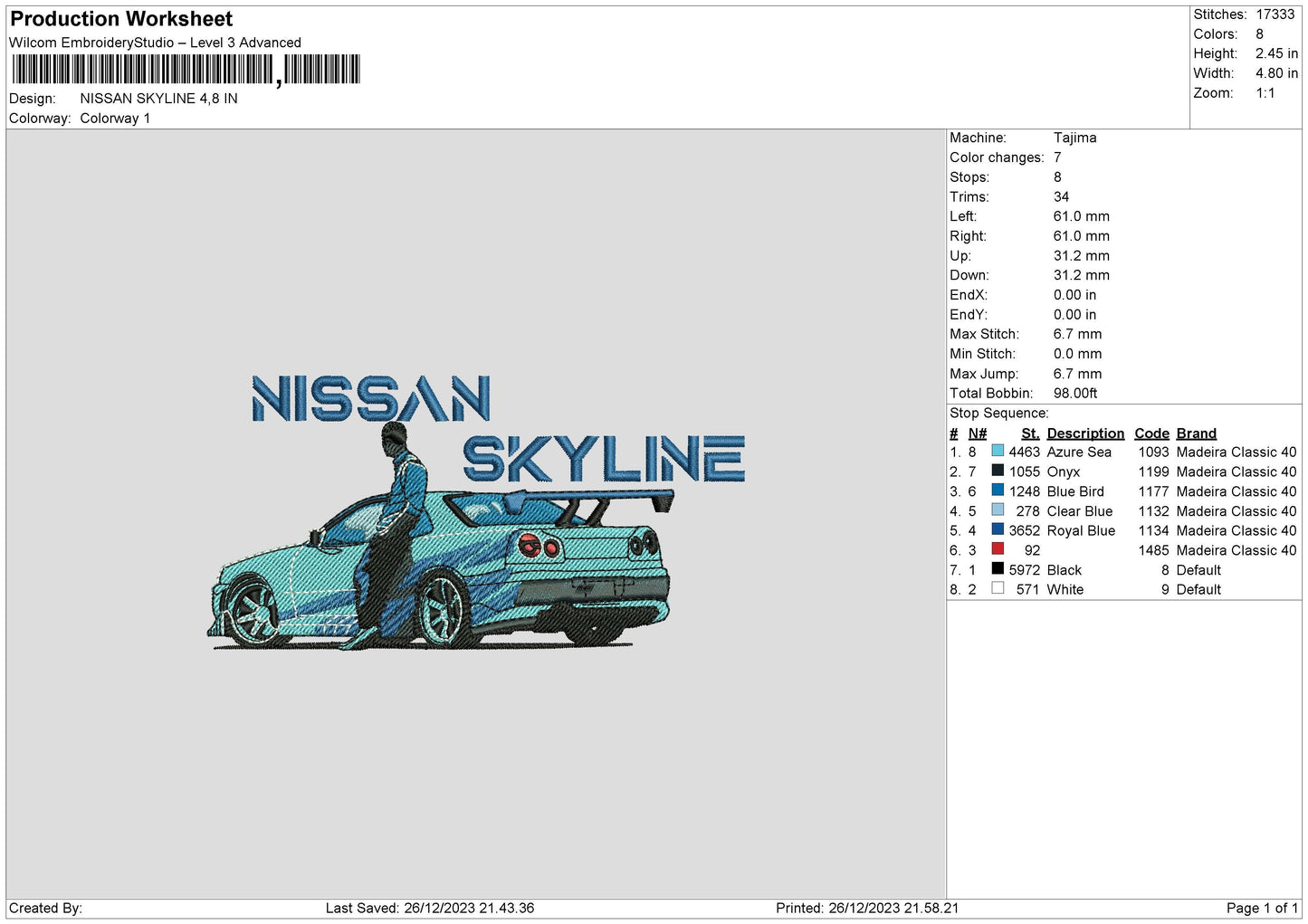 Nissan Car 2612 Embroidery File 6 sizes