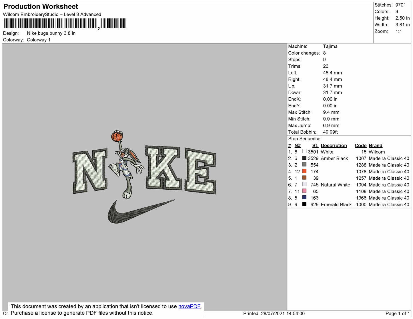 Nike Bugs Bunny embroidery File