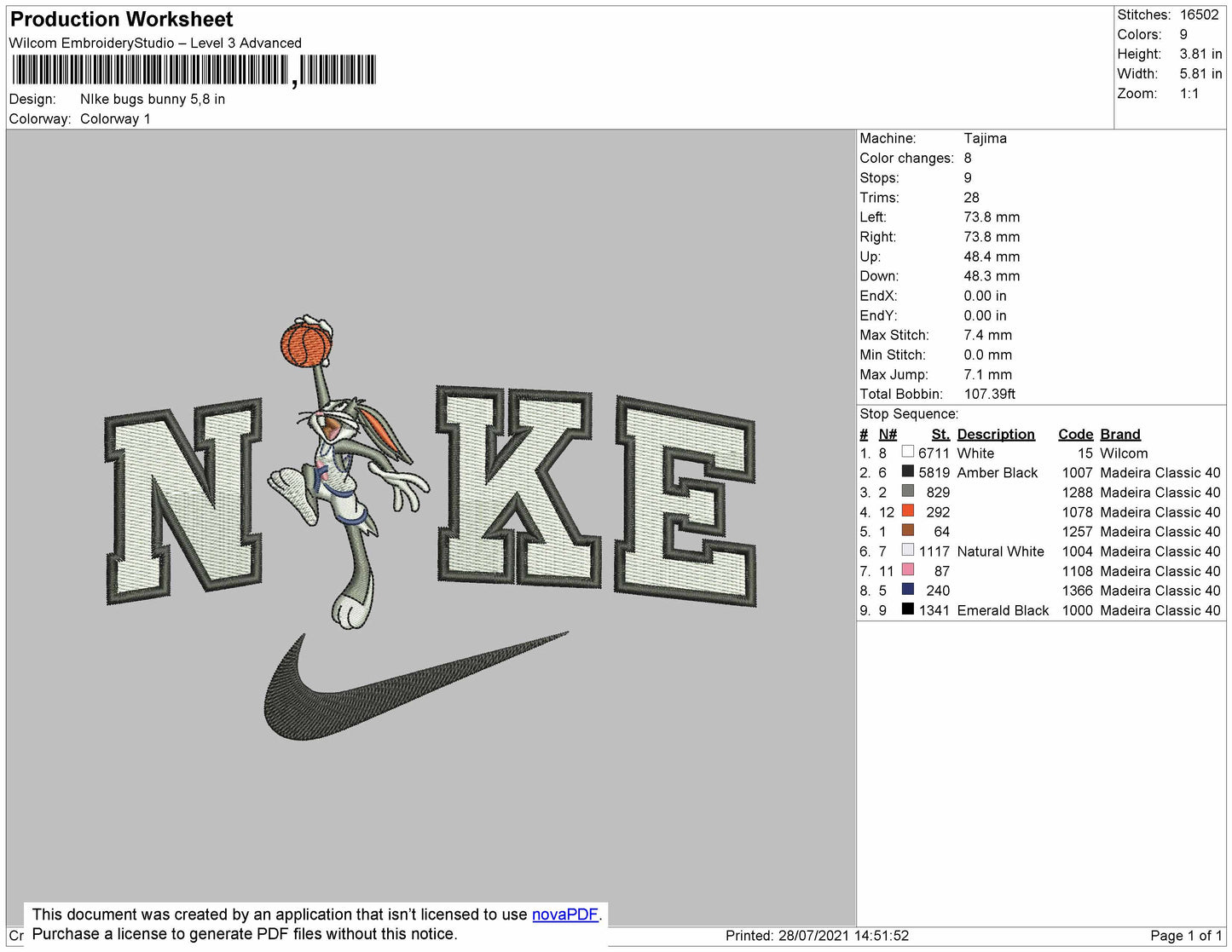 Nike Bugs Bunny embroidery File