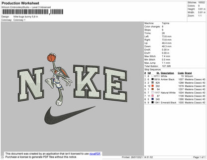Nike Bugs Bunny embroidery File