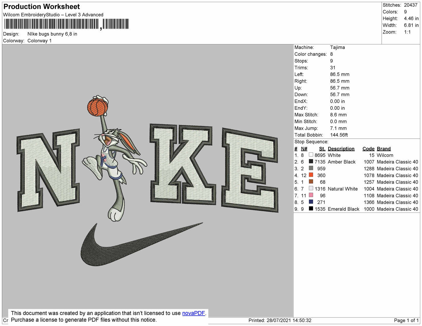 Nike Bugs Bunny embroidery File