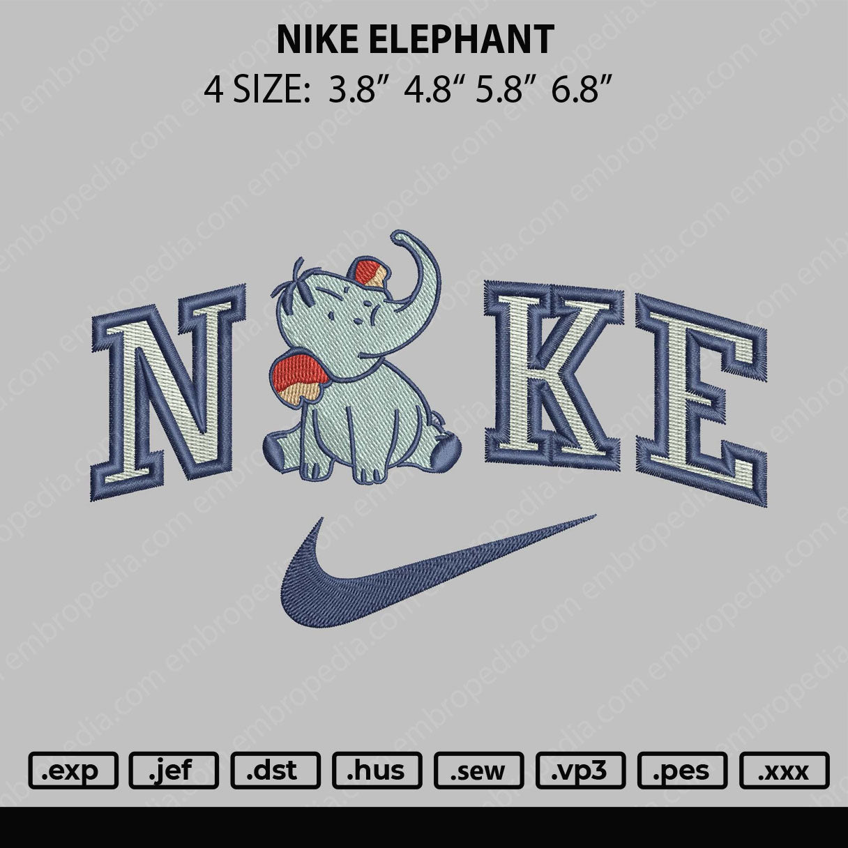Nike Elephant Embroidery File 4 size