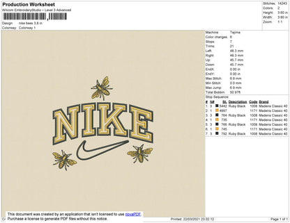 1 Nike Bee Embroidery File 5 Size