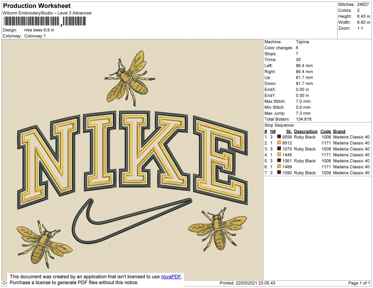 1 Nike Bee Embroidery File 5 Size