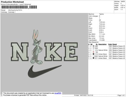 Nike Bug Bunny Embroidery File 4 size