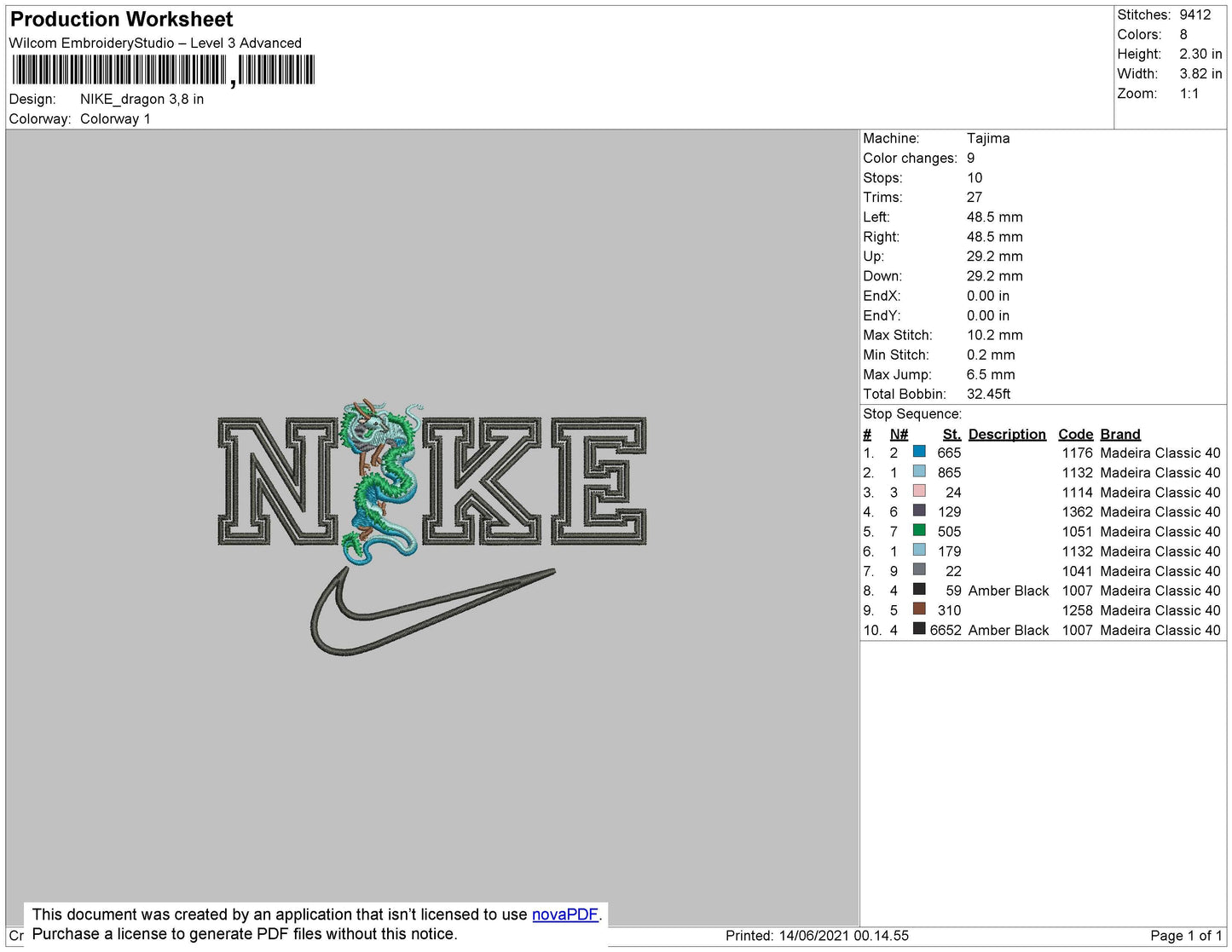 Nike Dragon Embroidery File 4 size
