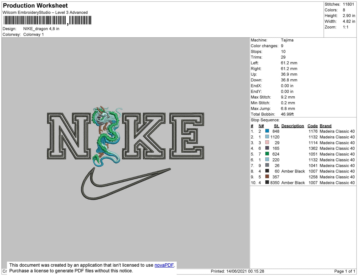 Nike Dragon Embroidery File 4 size