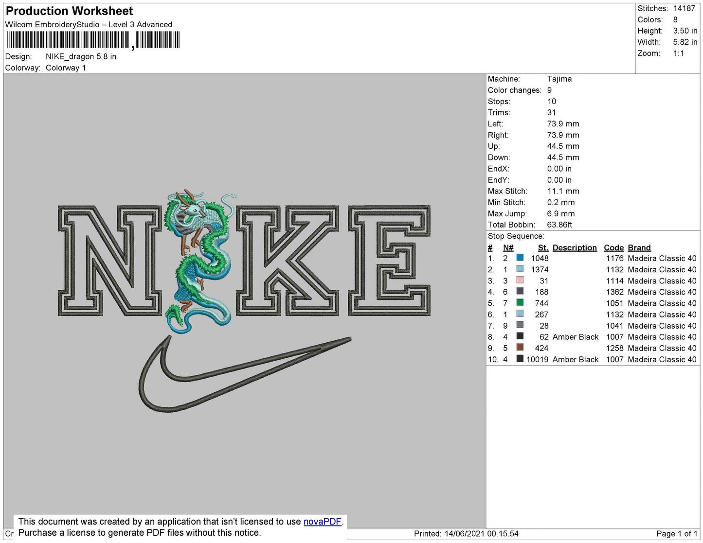 Nike Dragon Embroidery File 4 size