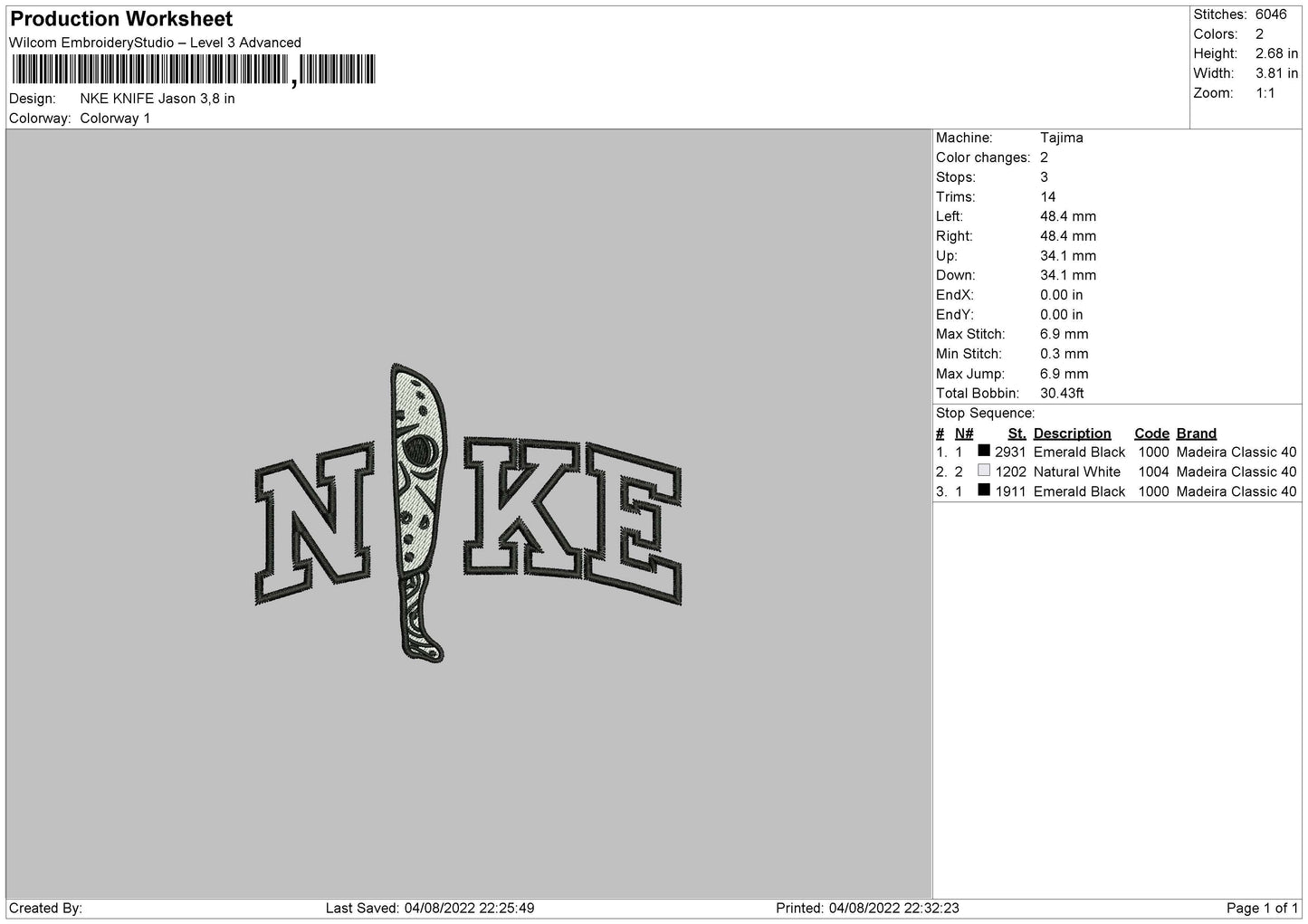 Nike Knife Jason Embroidery File 4 sizes