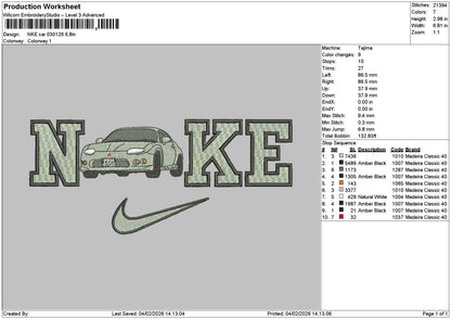Nike car 0301 Embroidery File 6 sizes