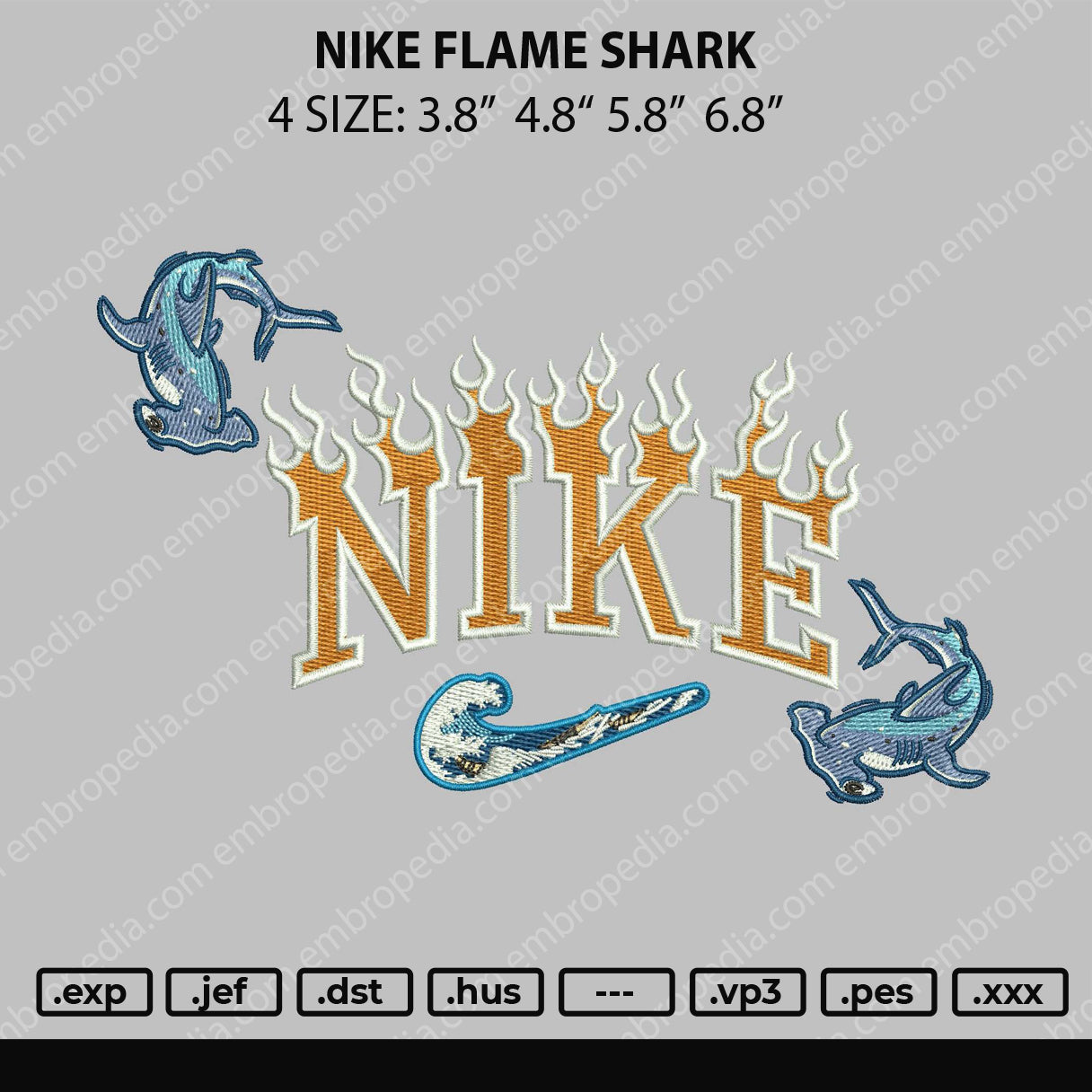 Nike Flame Shark Embroidery File 4 size