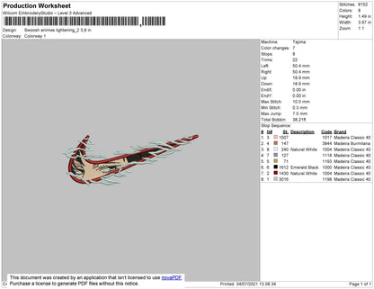Swoosh Anime Lighting 02 Embroidery File 4 size