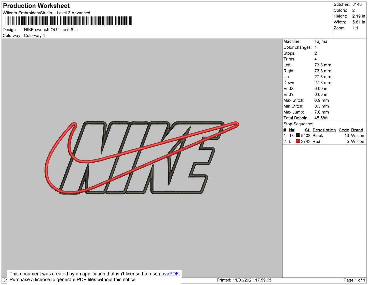 Nike Swoosh Outline Embroidery File 5 size