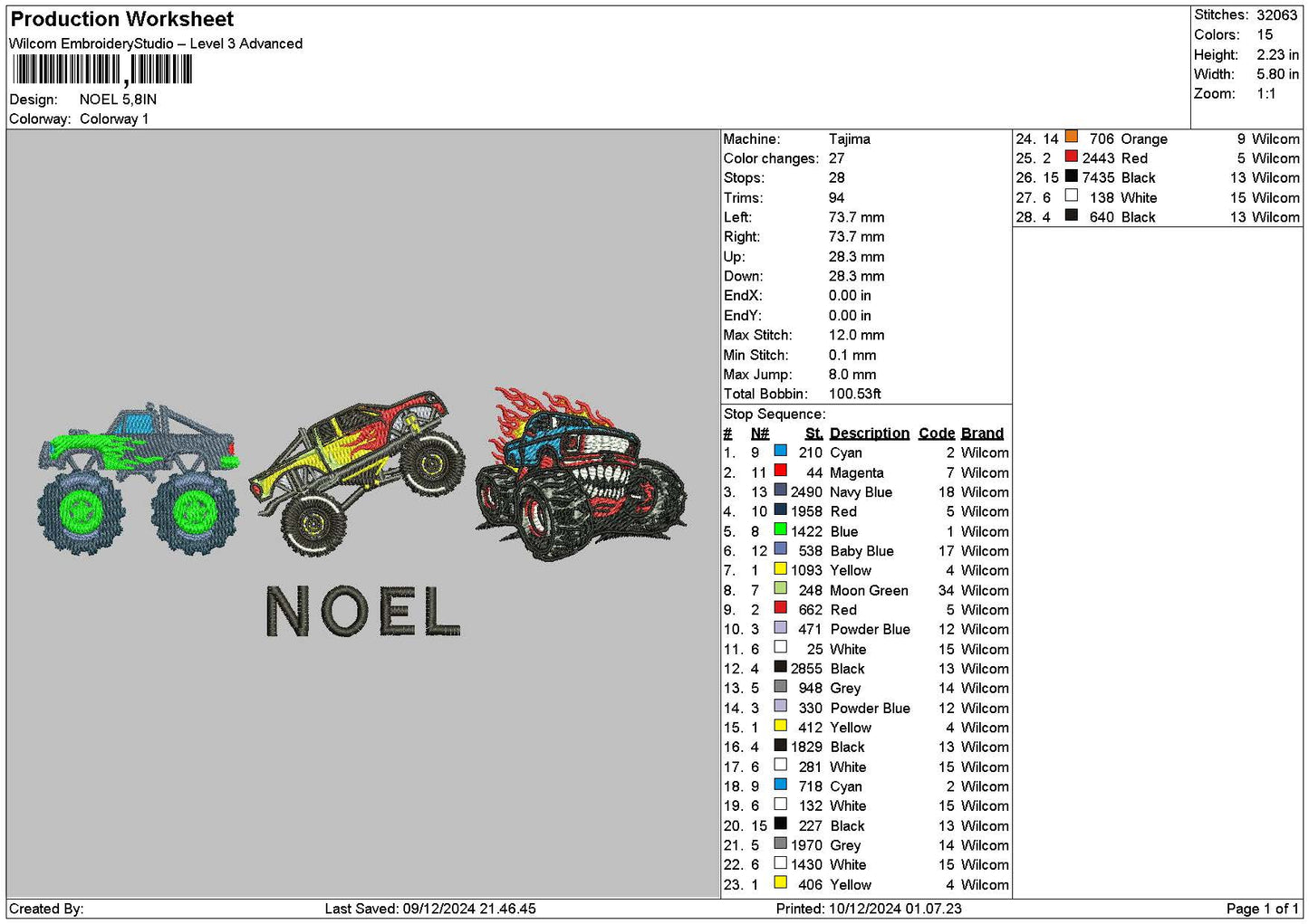 Three Trucks Embroidery File 6 sizes