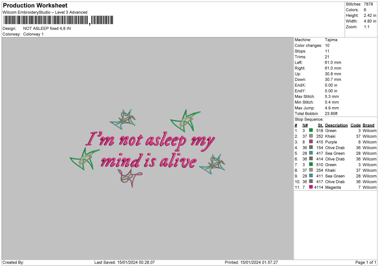 Not Asleep Embroidery File 6 sizes