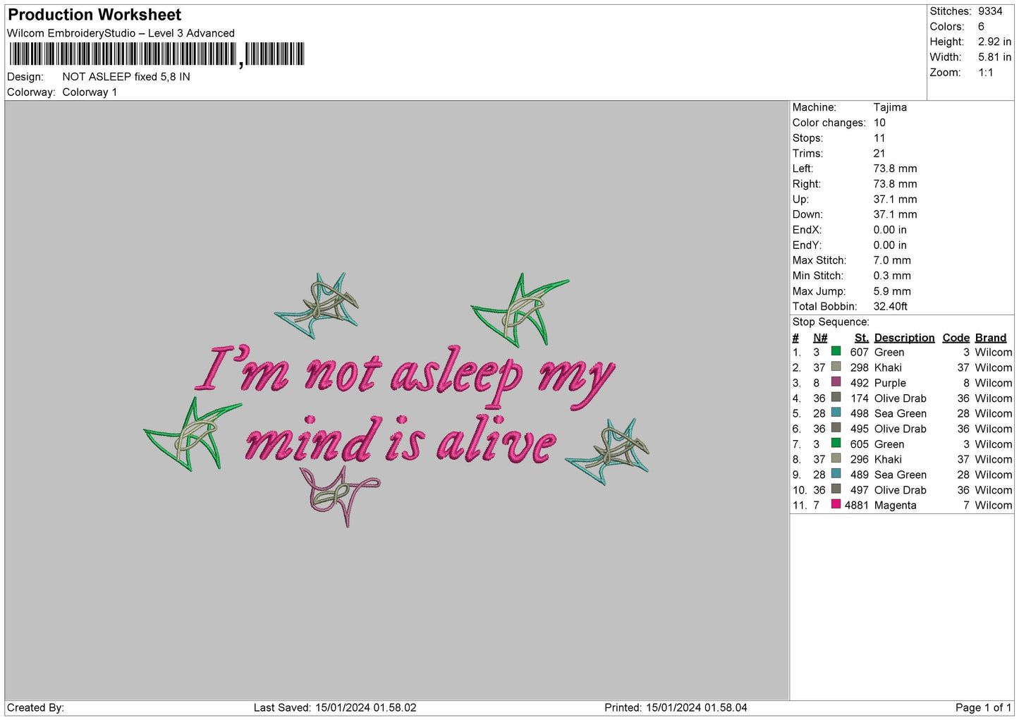 Not Asleep Embroidery File 6 sizes