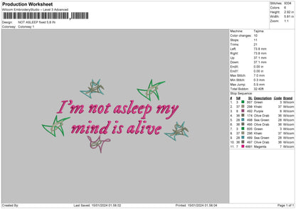 Not Asleep Embroidery File 6 sizes