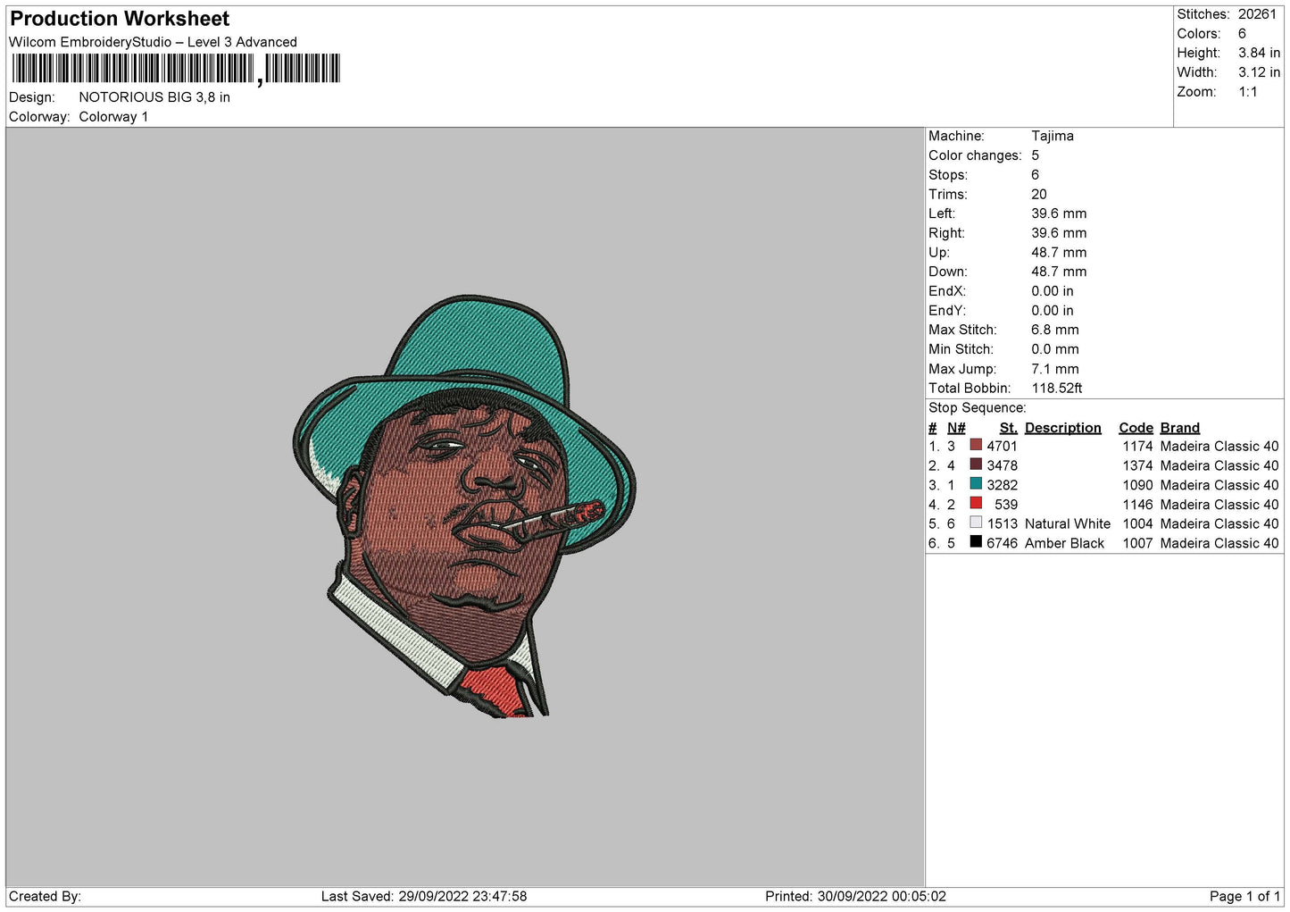 Notorious Big Embroidery File 5 sizes
