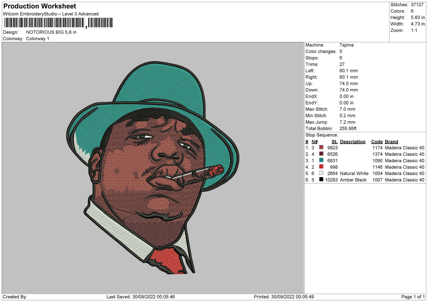 Notorious Big Embroidery File 5 sizes