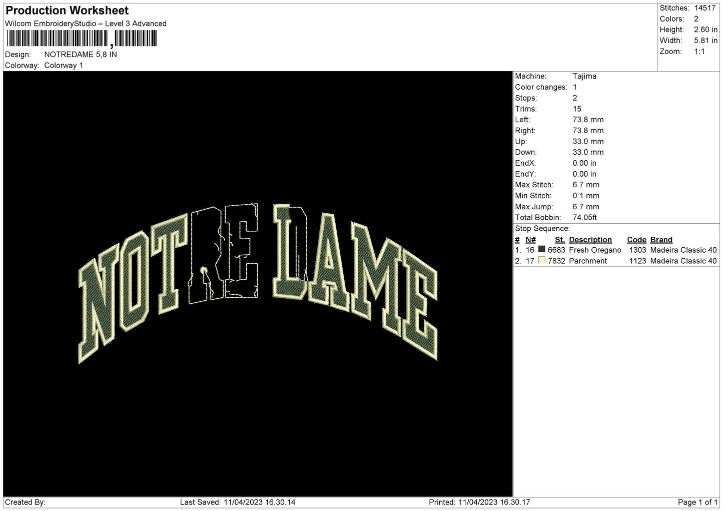 Notredame Embroidery File 6 sizes