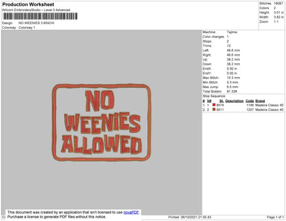 No Weenies Embroidery File 5 size