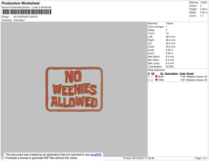 No Weenies Embroidery File 5 size