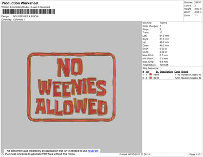 No Weenies Embroidery File 5 size