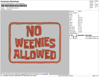 No Weenies Embroidery File 5 size