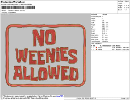 No Weenies Embroidery File 5 size
