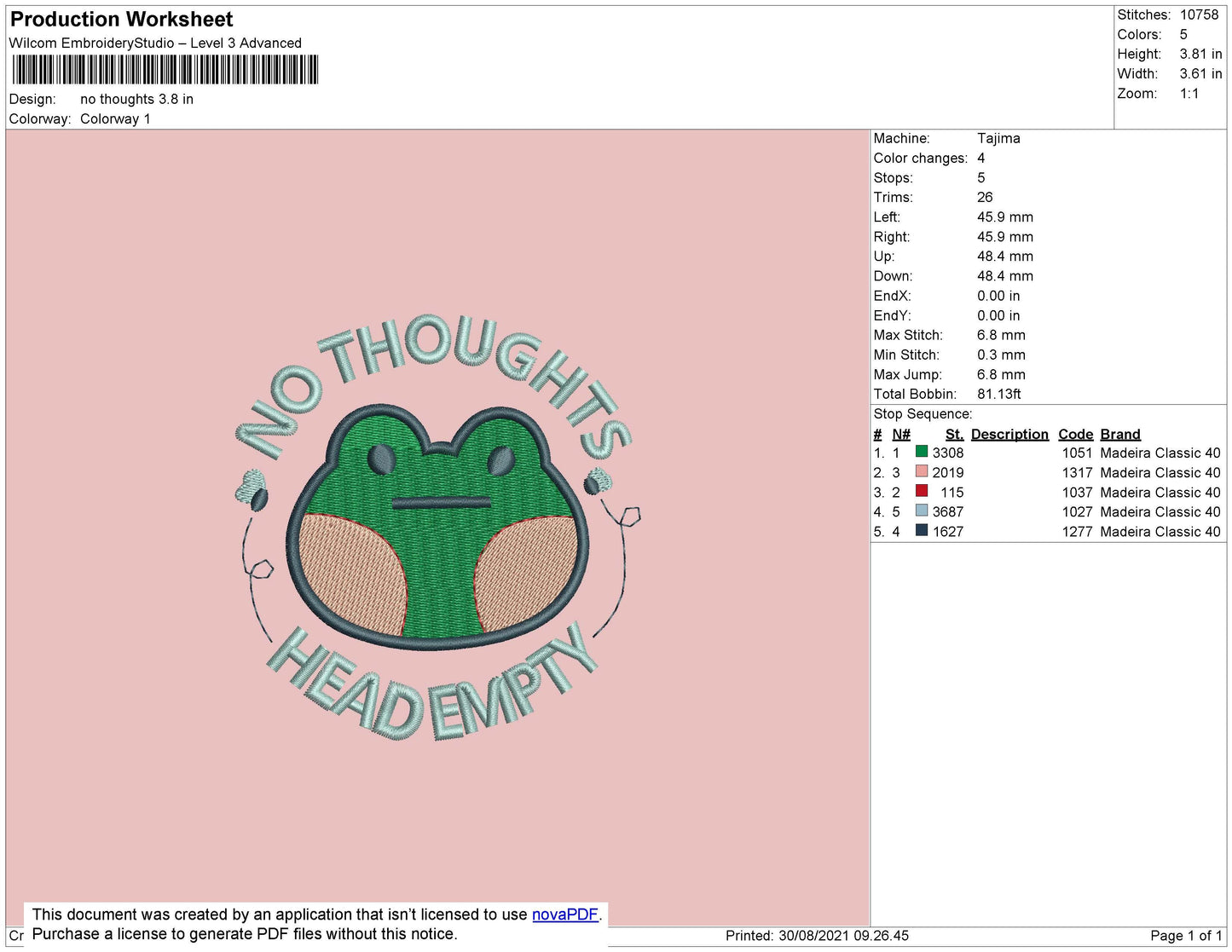 No Thoughts Embroidery File 4 size