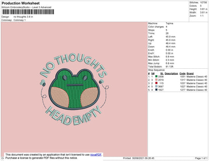 No Thoughts Embroidery File 4 size