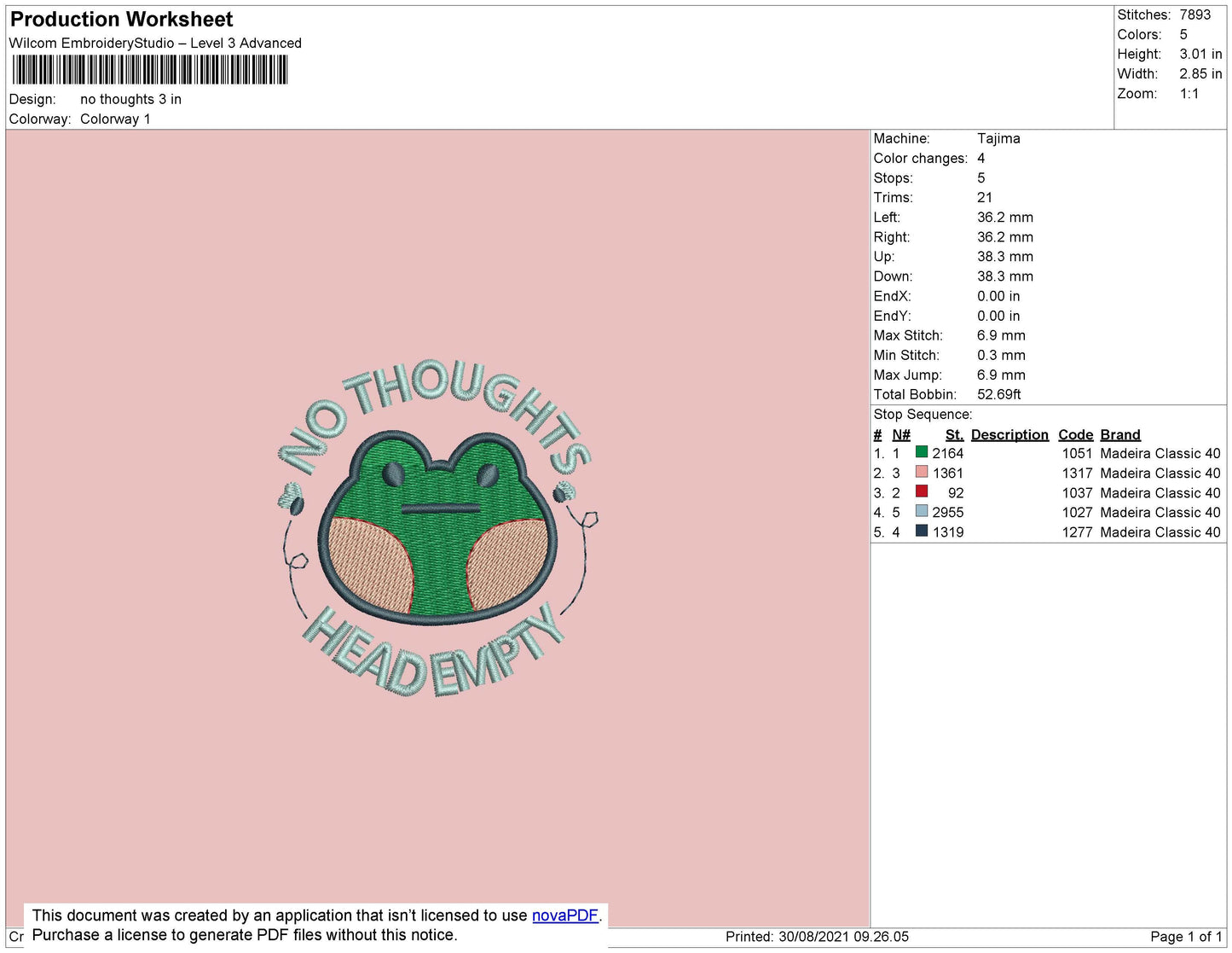 No Thoughts Embroidery File 4 size