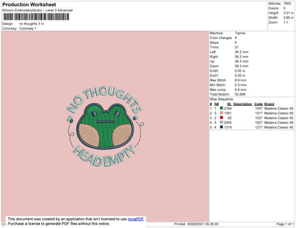 No Thoughts Embroidery File 4 size