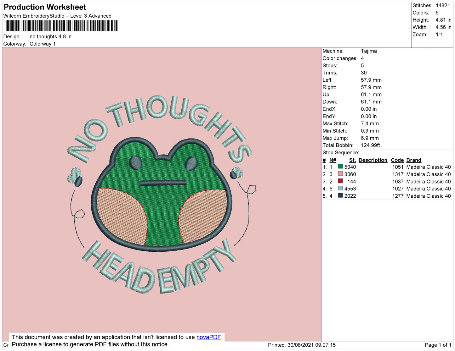 No Thoughts Embroidery File 4 size