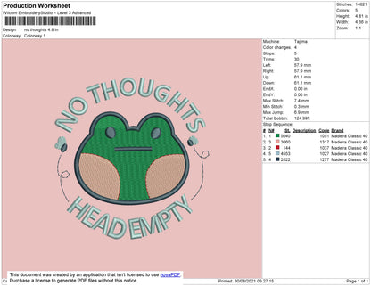 No Thoughts Embroidery File 4 size
